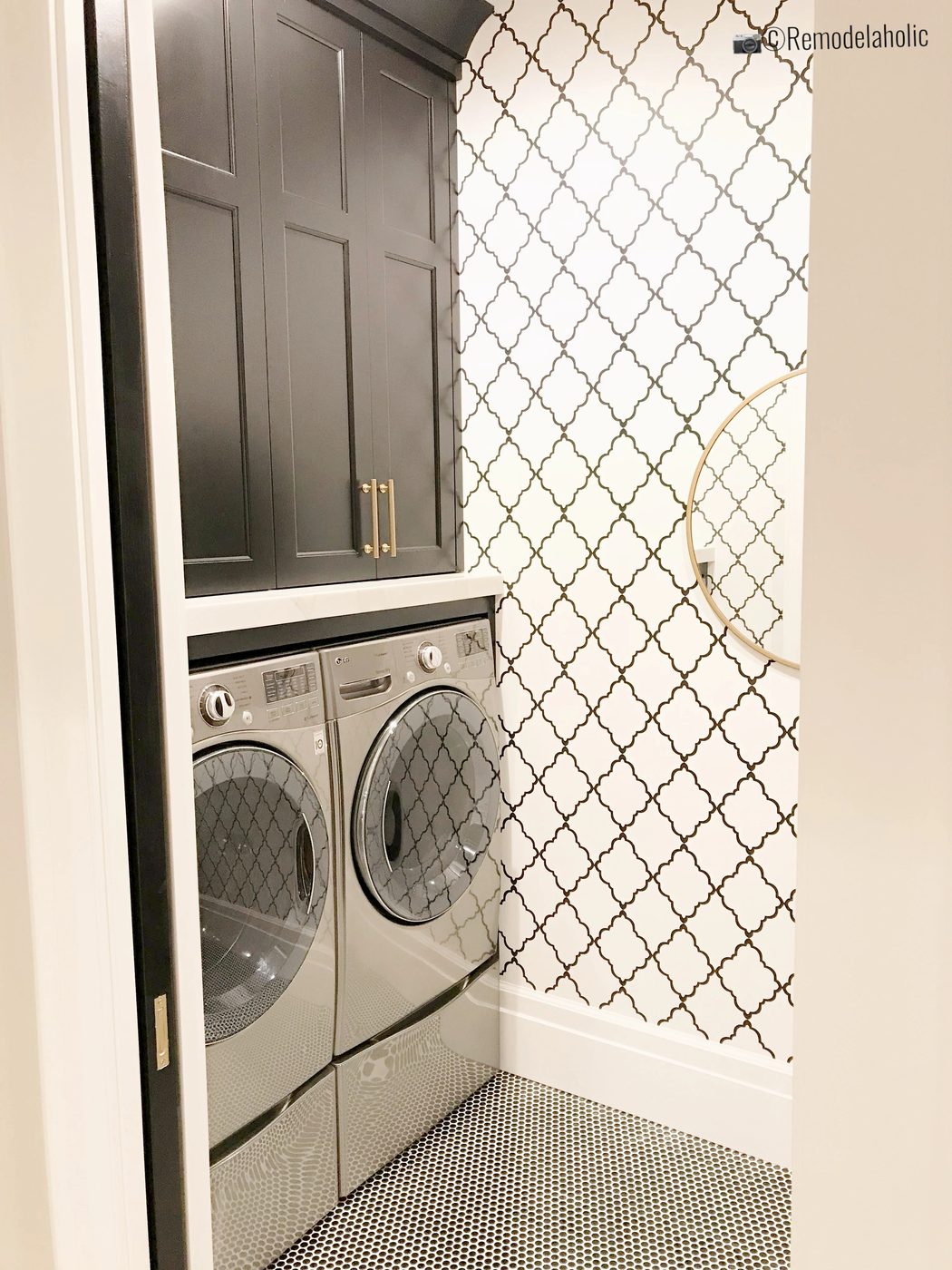 Small laundry room with wallpaper trellis design, UVPH 2018 Home 30 Shelby Homes, Gatehouse No. 1 Furniture & Design, Photo by Bekob