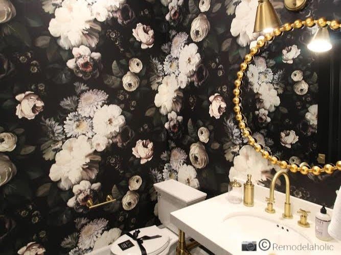 Black and white floral powder room with gold fixtures, UTAH VALLEY PARADE OF HOMES 2018 HOME 30 – SHELBY HOMES, GATEHOUSE NO. 1 FURNITURE & DESIGN, PHOTO BY Bekob
