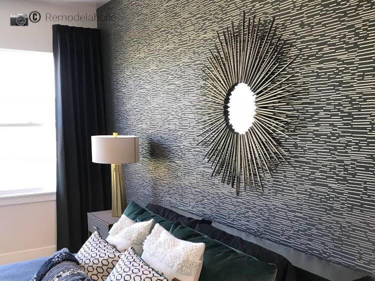 Black and white wallpaper feature wall in master bedroom, UTAH VALLEY PARADE OF HOMES 2018 – HOME 9 – DR HORTON, PHOTO BY Bekob