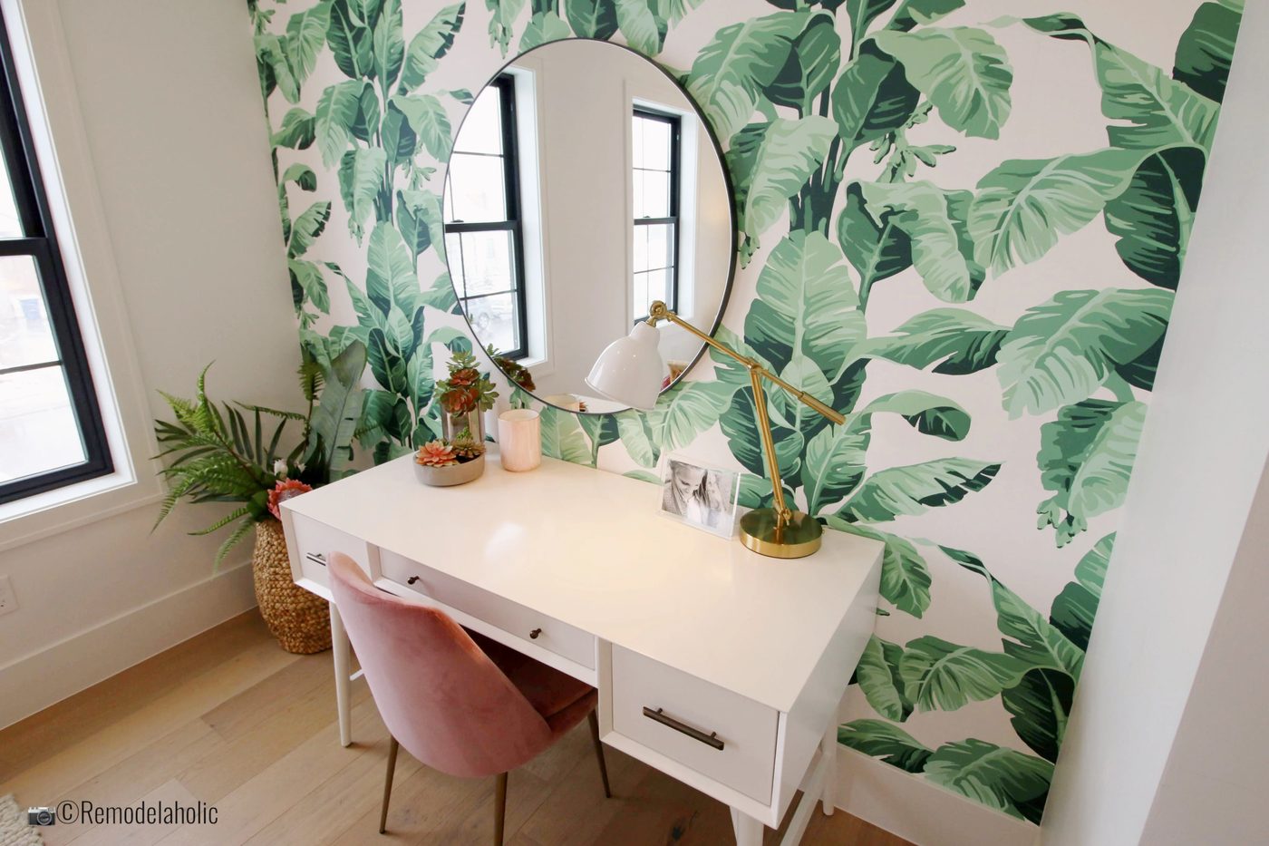 Home office with striking palm leaf wallpaper, SGPH 2019 House 24 K Welch Homes, Photo by Bekob