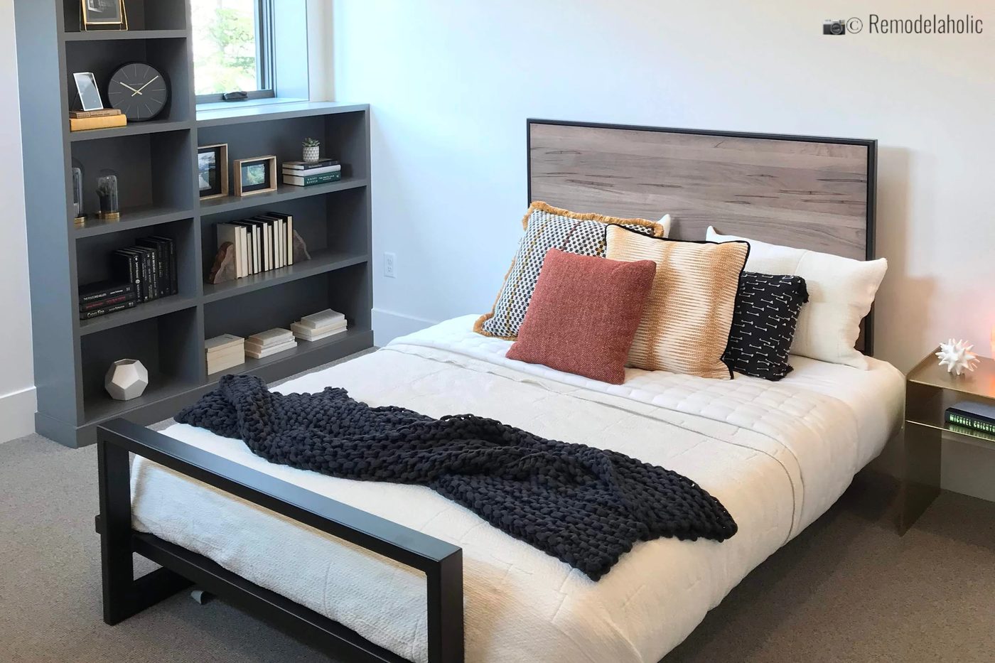 Mixed media modern headboard/ bed frame, SLPH 2018 Home 14 Magleby Communities, Photo by Bekob