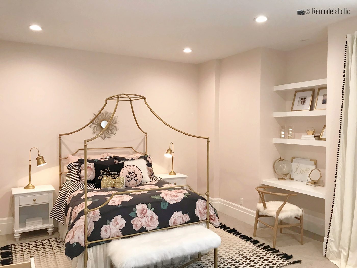 Metal four poster bed with a pretty floral bedspread, UVPH 2018 Home 30 Shelby Homes, Gatehouse No. 1 Furniture & Design, Photo by Bekob