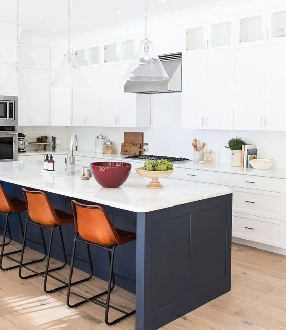 White Kitchen With Blue Bar Base And Brown Tall Bar Chairs