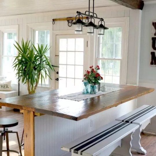 Wood Kitchen Counter With White Chiplap Base And Benches