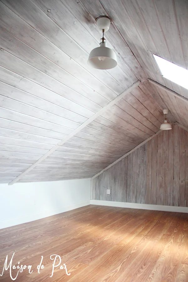 Whitewashed Wood Attic Walls And Ceiling
