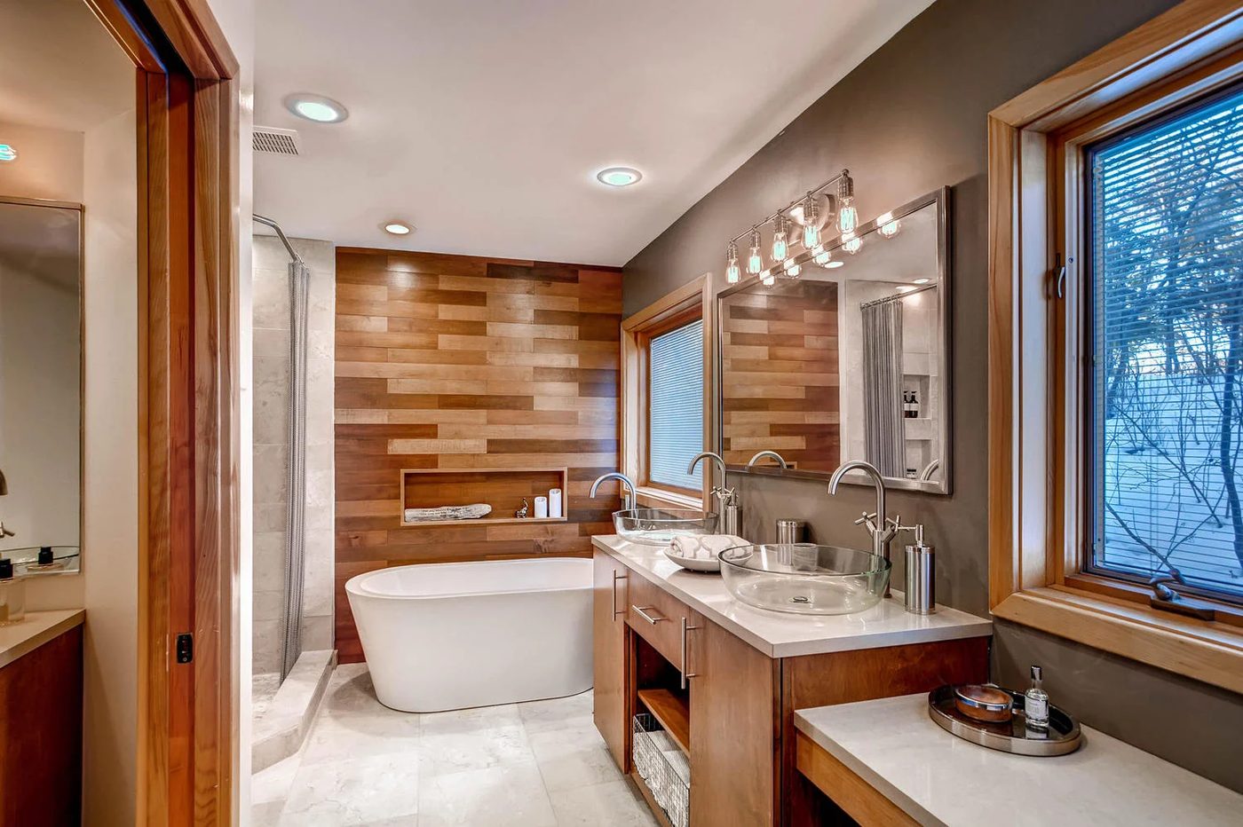 striking bathroom renovation with Handmade wood plank wall