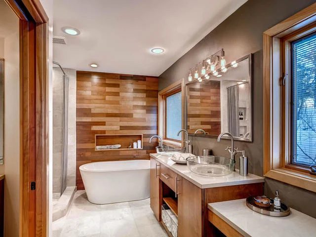 striking bathroom renovation with Handmade wood plank wall