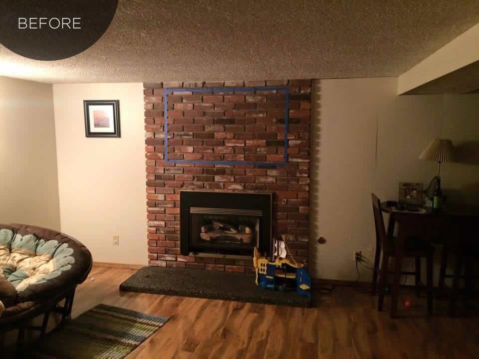 before, tv over mantel with shelves