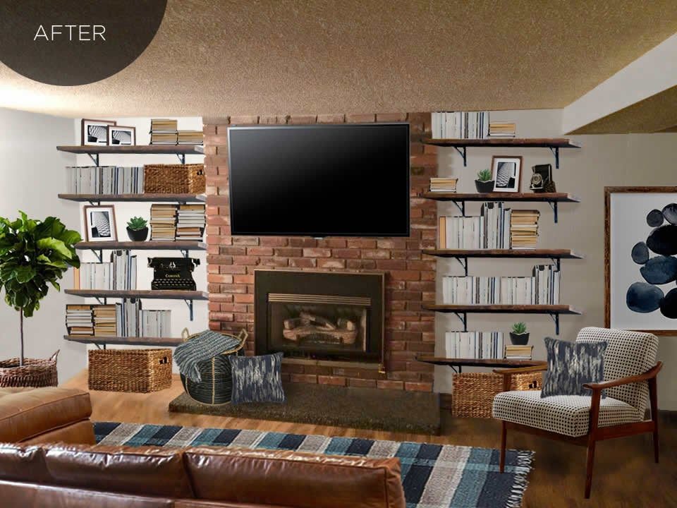 Designing a masculine living room space, with the TV above the fireplace and open floating bookshelves