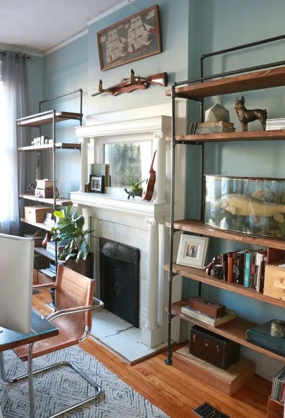 modern industrial shelves around the fireplace