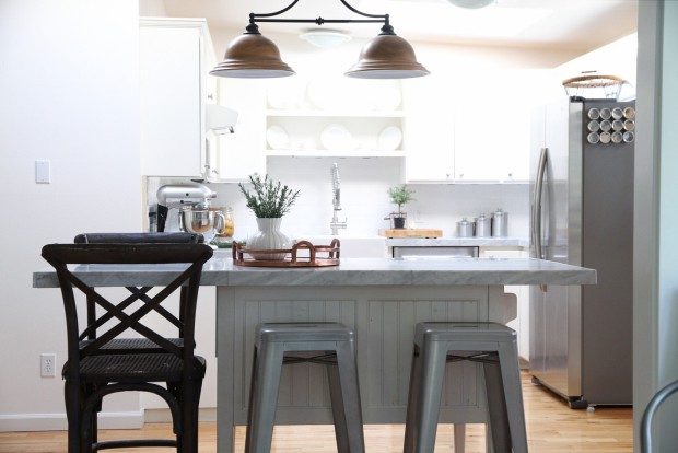 white kitchen, marble countertops, (faux) copper light and accessories
