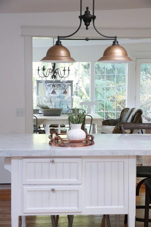 Perfection! Painted copper light fixture with Handmade marble countertops