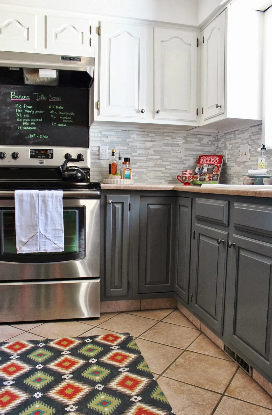 grey and white kitchen makeover with tile backsplash and chalkboard, House For Five featured on Bekob