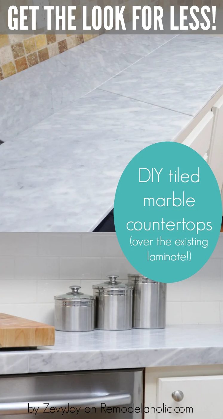 Handmade tiled marble countertops, a modest-cost-friendly alternative to pricy marble slab countertops AND you can install them over the existing laminate countertops. Details on @