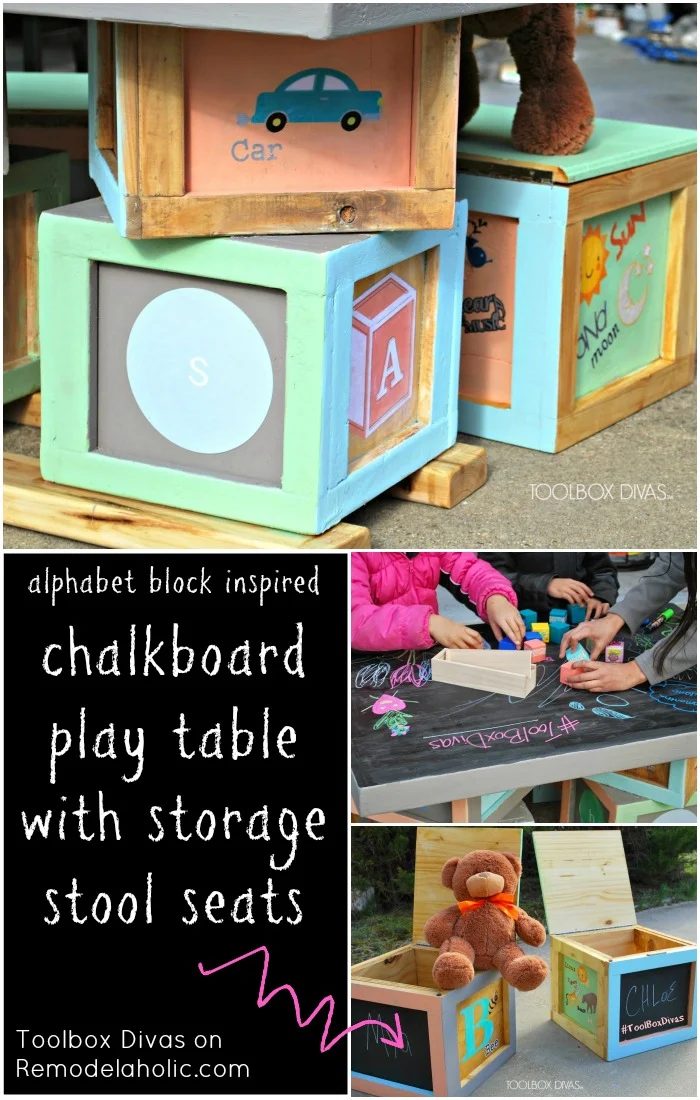 Build an Alphabet Block Chalkboard Table with Block Stool Storage Seats @Bekob