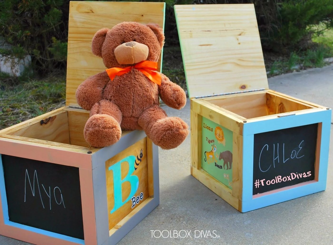 Handmade Building Block Seats with Storage and Chalkboard Sides by ToolBox Divas for Bekob