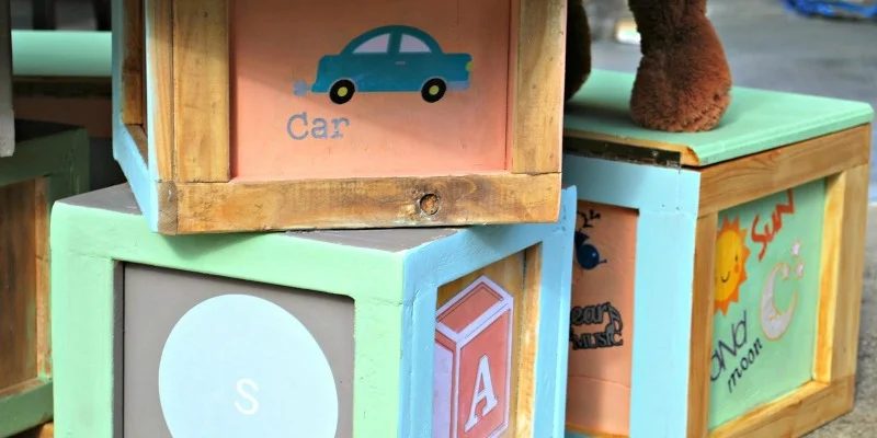 Alphabet Block Chalkboard Play Table + Storage Stools