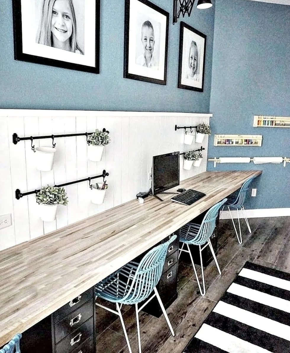Bekob On Instagram, Long Wooden Desk With White Shiplap Half Way Up And Blue Walls And Blue Chairs And Hanging Plants