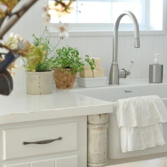 White Kitchen With Steal Faucet And Flowers