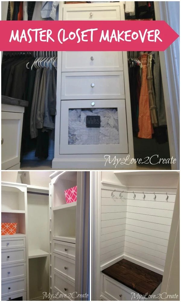 memorable master closet makeover! storage towers, built-in laundry hampers, and a mudroom-style bench with a drawer! MyLove2Create on Bekob.com
