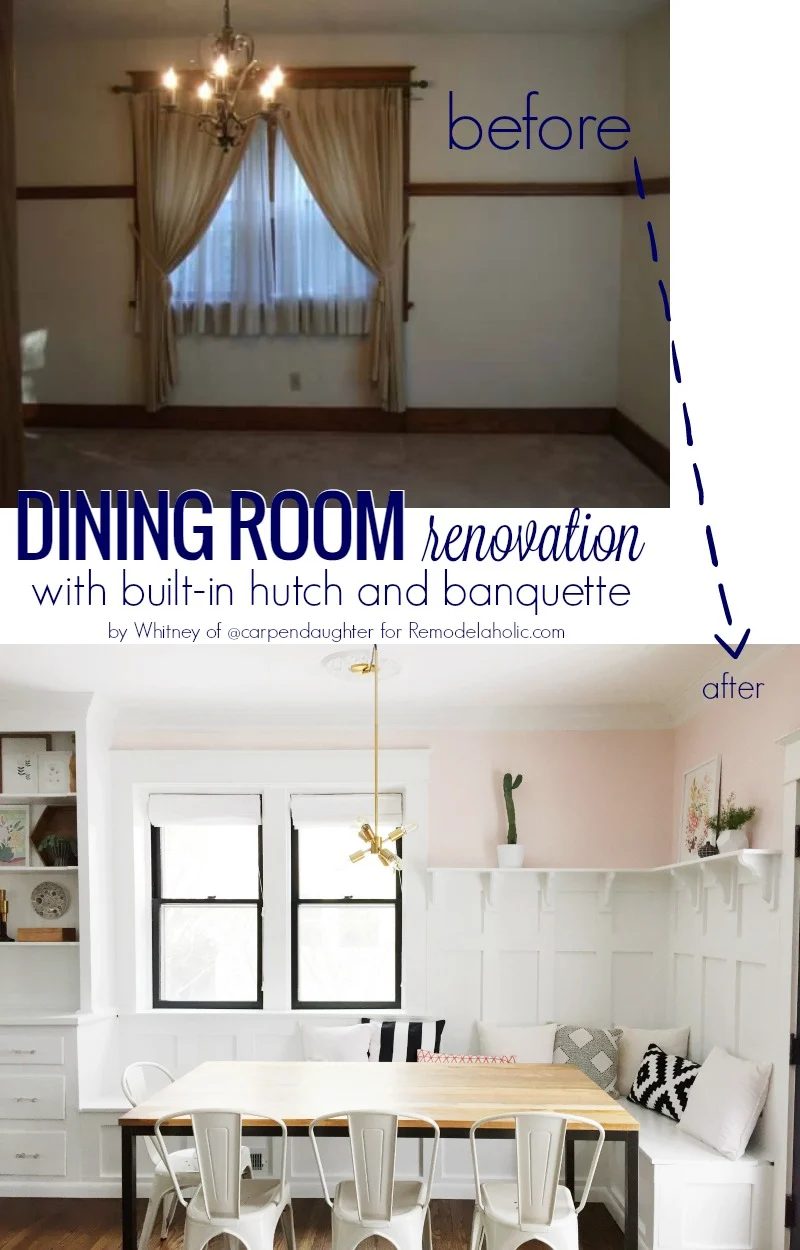 striking dining room with banquette bench! It's the well fitted addition for this space, plus that hutch is vivid! @Bekob