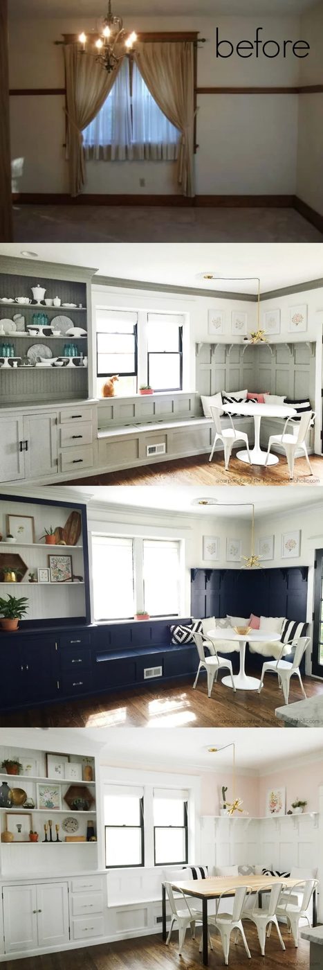 A striking dining room makeover -- and how straightforward it is to update classic built-in and banquette with a gallon of paint! @Bekob