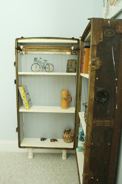 finished bookshelf from an antique trunk or suitcase, featured on Bekob.com