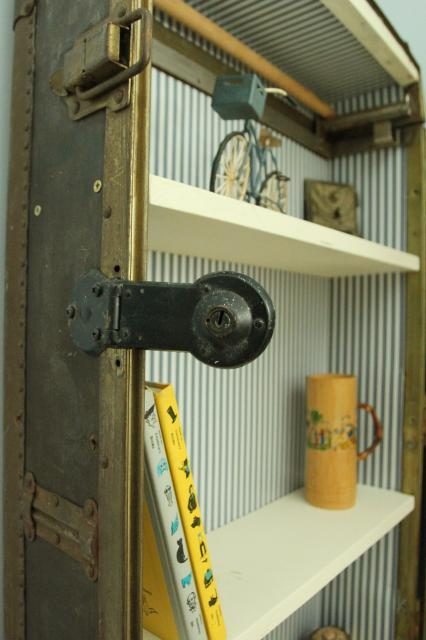 details of antique trunk bookshelf, featured on Bekob.com