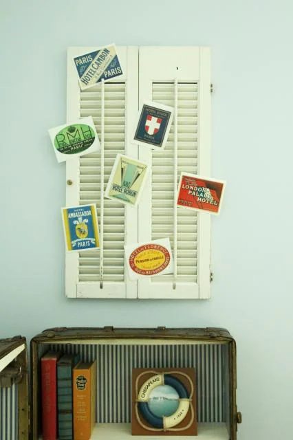 travel postcard shutter display above antique trunk turned bookshelf, featured on Bekob.com