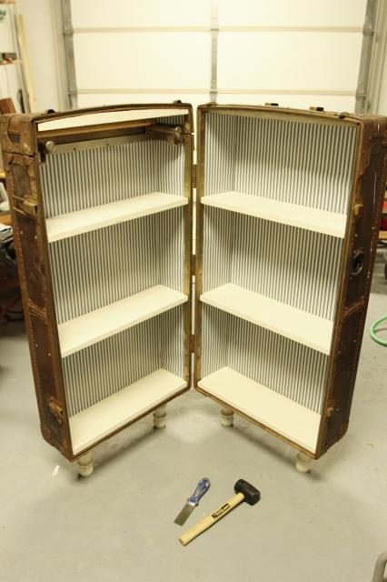 shelves screwed in to antique trunk bookshelf, featured on Bekob.com