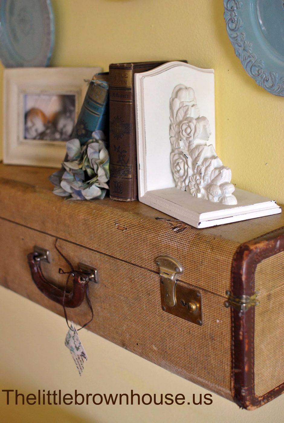 old suitcase turned shelf, The Little Brown House via Bekob.com
