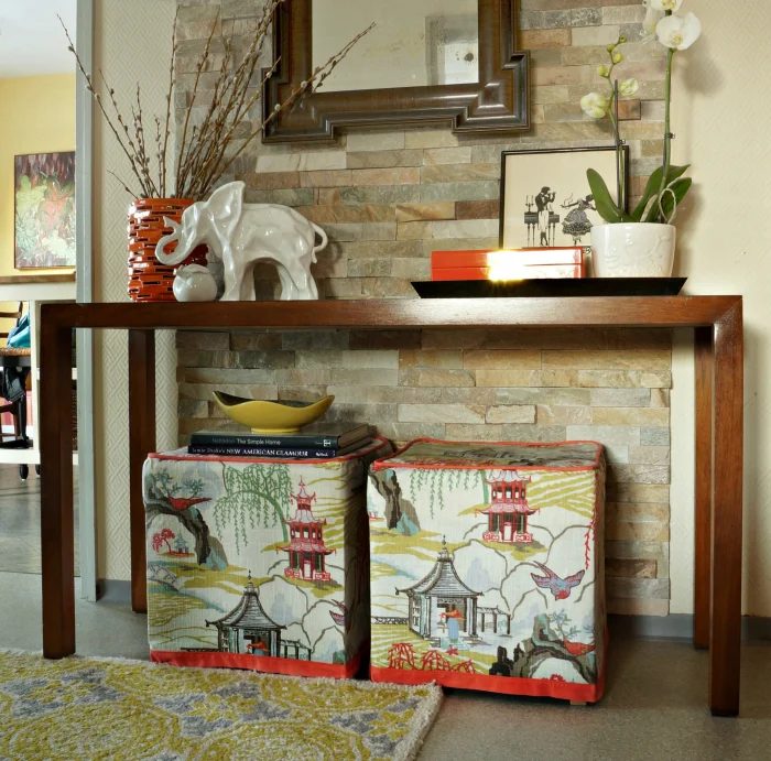 IKEA ottoman footstools recovered in neo toile - Maggie Overby Studios