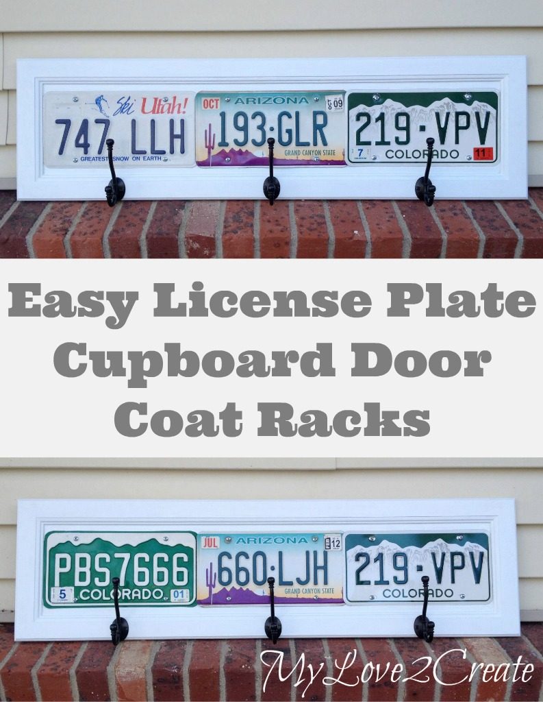 coat rack made from cupboard door and license plates - My Love 2 Create
