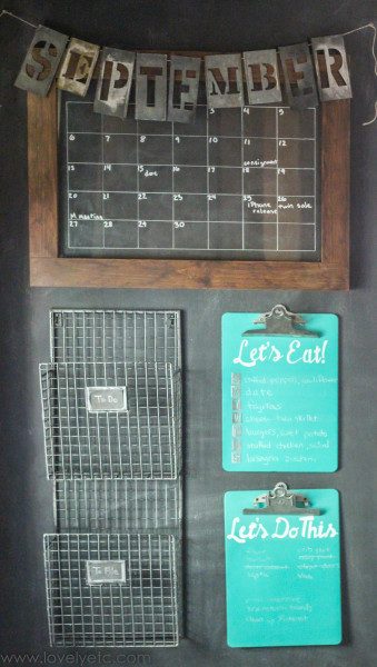 rustic farmhouse command center family organization wall with baskets and clipboards
