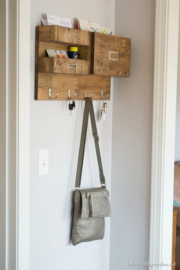 scrap wood mail and key entry wall organizer