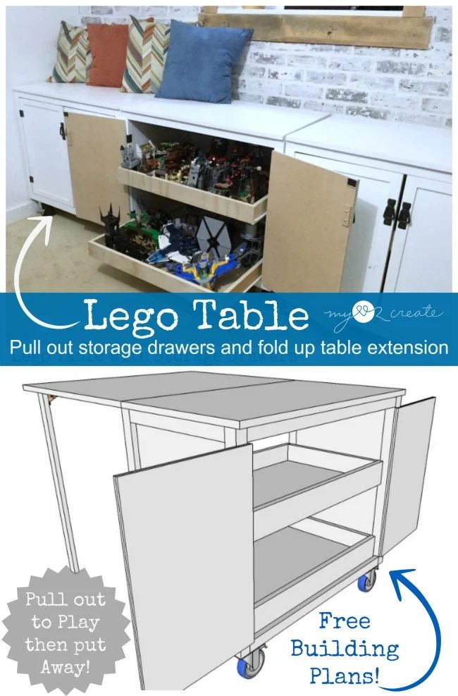 memorable Lego table with lots of storage plus a fold-out table top so there is plenty of room for all those sets! by Mylove2create