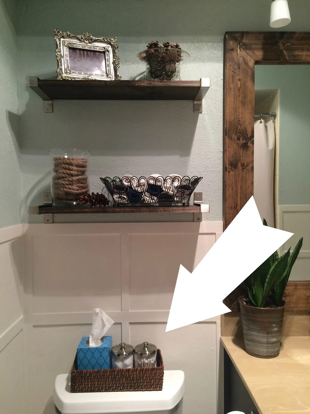 updated wicker basket with stain for back of toilet tank storage, Frazzled Joy home organization options