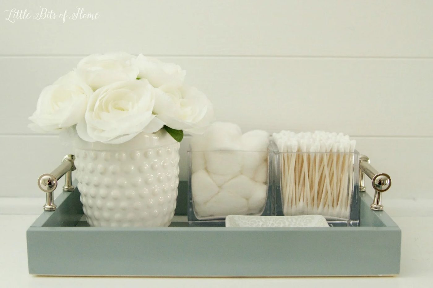 Room organization options: straightforward bathroom tray to keep the vanity top organized, Little Bits of Home