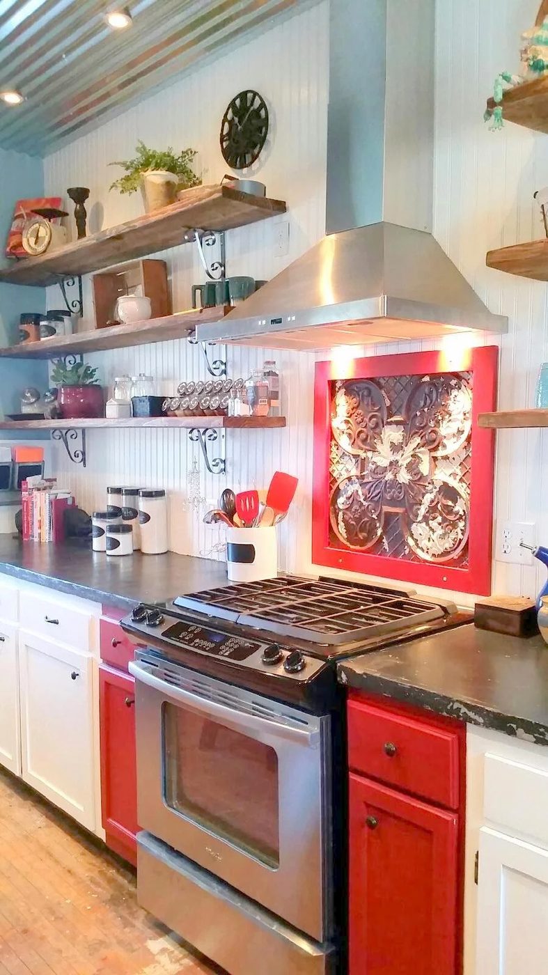 Farmhouse Kitchen Remodel with open shelves and accent red cabinets, Through My Creative Mind