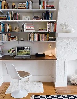 Awkward Alcove Solution: Add floating shelves (and a desk!) | More options at Bekob.com | Image Source: elledecor.com