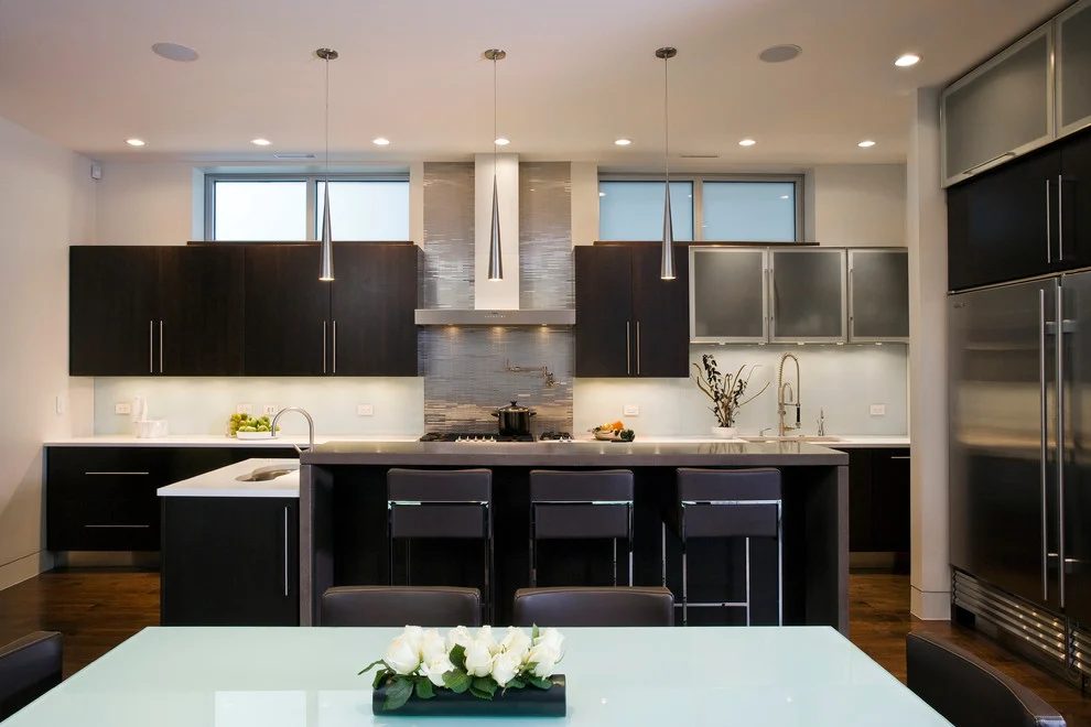 stainless-steel-tile-backsplash-Kitchen-Contemporary-with-bar-stool-frosted-glass