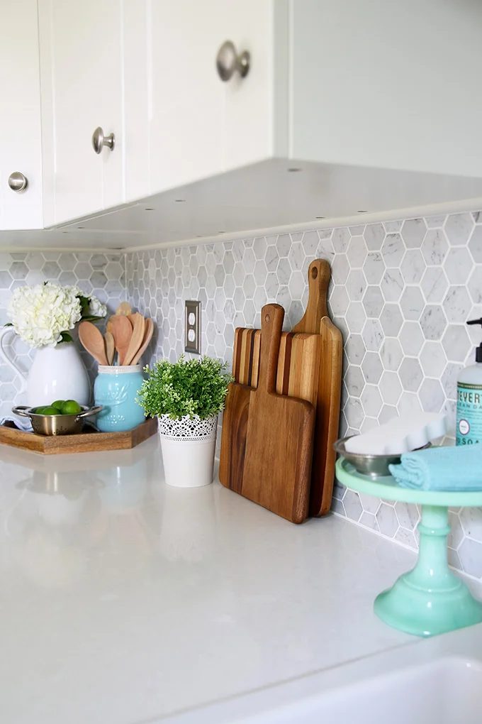 Hexagon Tile Backsplash in White and Gray Just a Girl and Her Blog
