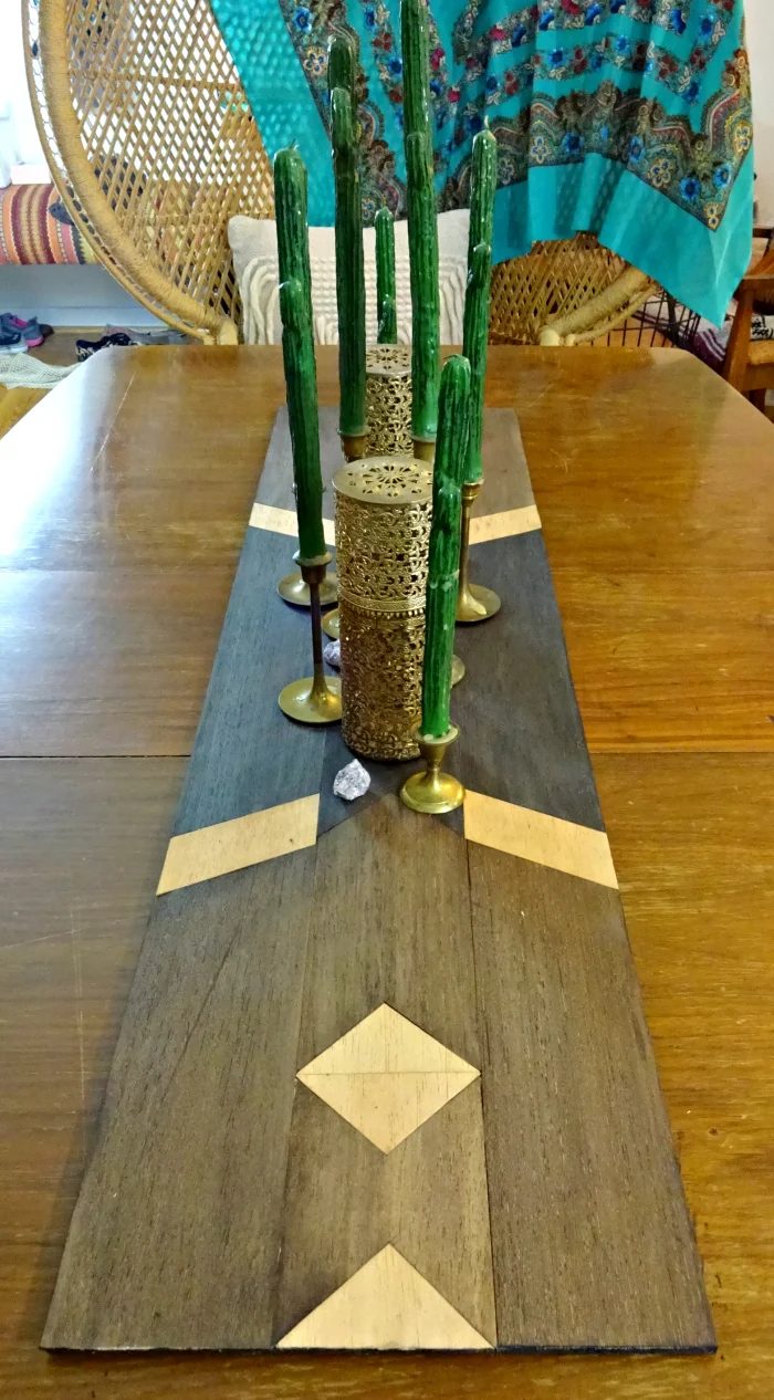 balsa wood table runner in southwestern geometric inspired design