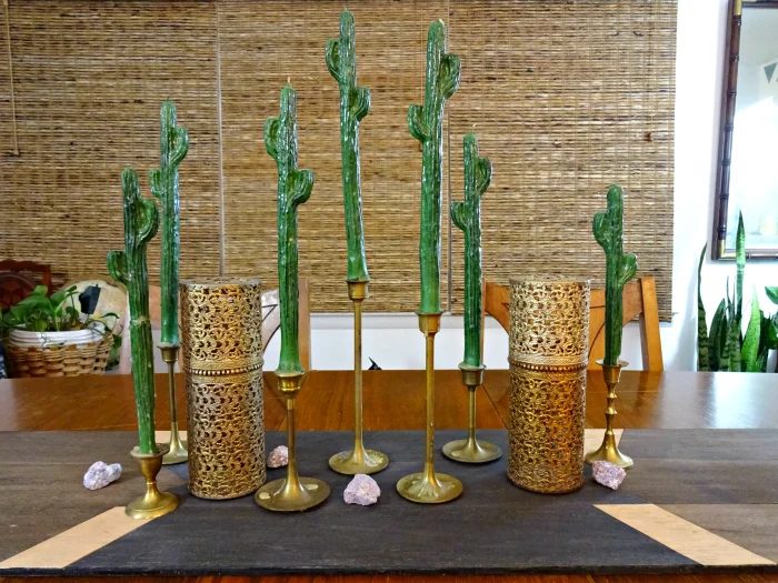 balsa wood runner, thrifted brass candlesticks, whimsical cractus candles