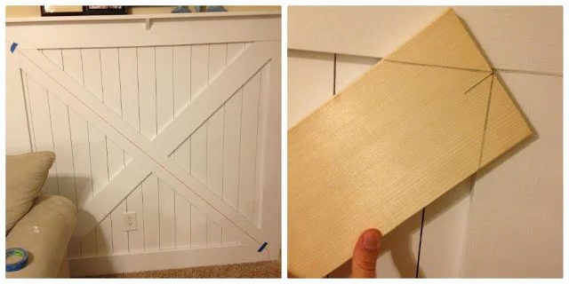 cutting corner angles for the X of the barn door style wainscoting wall treatment