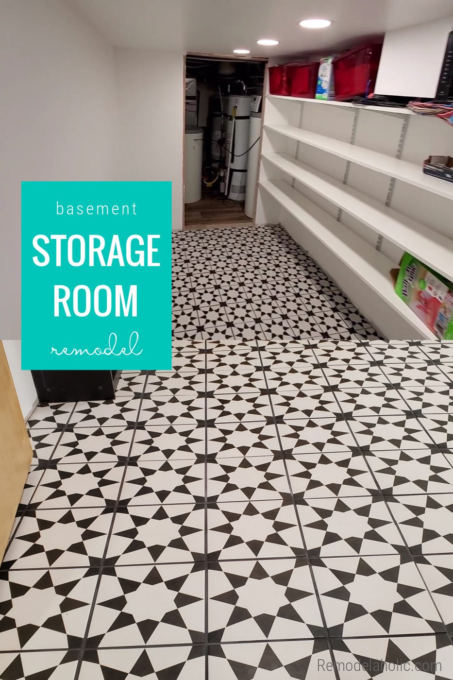 Basement Storage Room Remodel With Affordable Ceramic Star Tile Flooring And Track Shelving Storage, Bekob