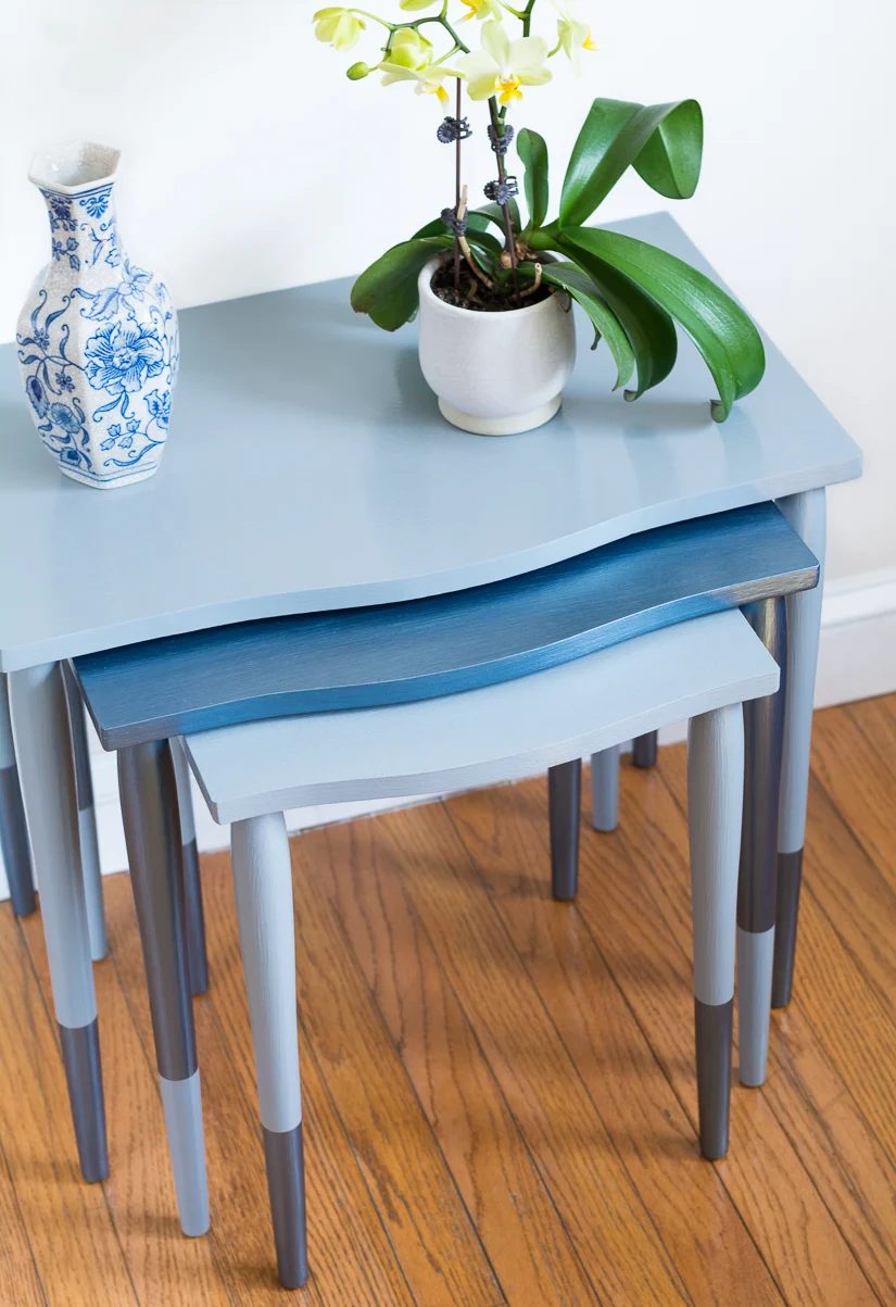 Blue metallic tables by brittany goldwyn