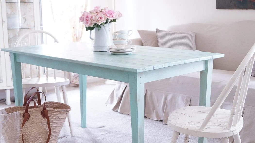 Rustic Farmhouse Faux Plank Table white lace cottage