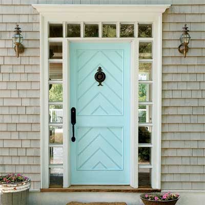 striking Doors - entry door with herringbone accent in Behr Cool Jazz via This Old House