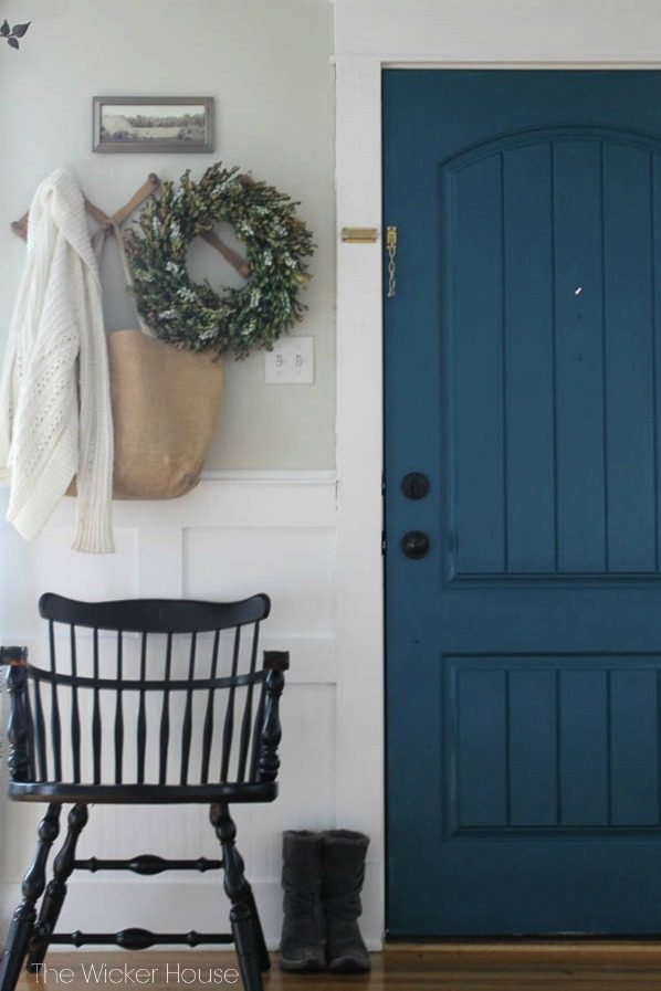striking Doors - entry door in Valspar Night Scape with craftsman trim and board and batten The Wicker House